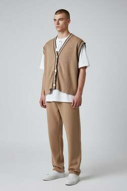 FENGQIAOMAN Men's Contrast Trim Knitted Cardigan Vest in Tan